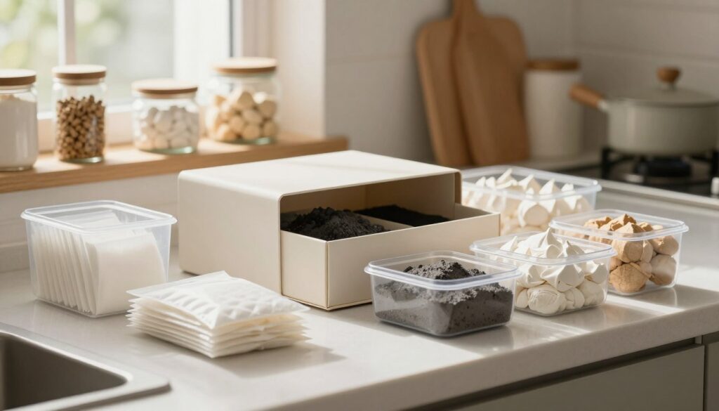 A well-organized kitchen countertop featuring a variety of moisture absorbers, such as silica gel packets, activated charcoal containers, and natural clay absorbents. In the foreground, clear containers holding these absorbents are neatly arranged, showcasing their textures. In the middle, a stylish, slightly opened storage box is visible, emphasizing its role in keeping baked goods fresh. The background features shelves stocked with kitchen essentials, with soft natural light streaming through a nearby window, creating a warm and inviting atmosphere. The image conveys a sense of home and practicality, ideal for managing humidity levels to preserve baked treats like meringues. The overall color palette is soft and earthy, enhancing the calming and organized feel.