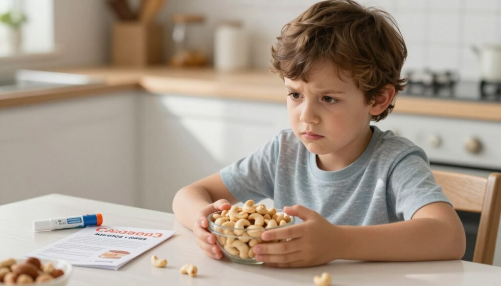 A young child, around 6 years old, sits at a kitchen table looking worried while holding a small bowl of cashews. The child's expression features concern and curiosity, highlighting the theme of allergies. The background shows a bright, sunlit kitchen with soft, warm lighting, emphasizing a sense of safety and home. In the middle ground, there are allergy-related items such as an EpiPen and a pamphlet about nut allergies, subtly indicating the seriousness of the subject. The angle is slightly tilted to make the scene more dynamic, capturing the emotions of the child. The atmosphere is educational yet caring, aimed at promoting awareness of nut allergies in children. A young child, around 6 years old, sits at a kitchen table looking worried while holding a small bowl of cashews. The child's expression features concern and curiosity, highlighting the theme of allergies. The background shows a bright, sunlit kitchen with soft, warm lighting, emphasizing a sense of safety and home. In the middle ground, there are allergy-related items such as an EpiPen and a pamphlet about nut allergies, subtly indicating the seriousness of the subject. The angle is slightly tilted to make the scene more dynamic, capturing the emotions of the child. The atmosphere is educational yet caring, aimed at promoting awareness of nut allergies in children.