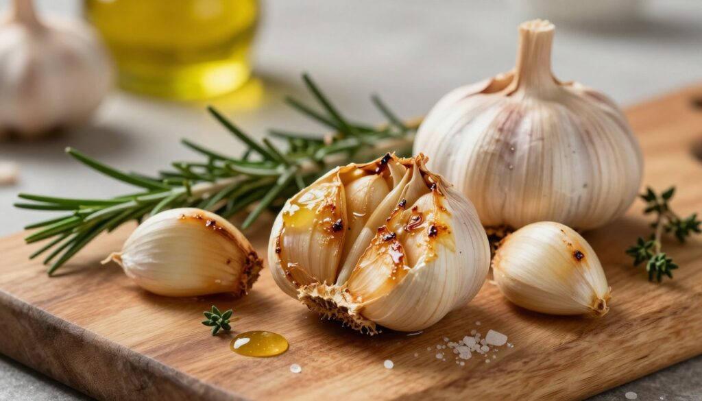 An artistic close-up of freshly roasted garlic bulbs on a rustic wooden cutting board, showcasing their golden, creamy texture and slight caramelization. The garlic cloves are nestled among sprigs of fresh herbs like rosemary and thyme, adding a touch of vibrant green. In the background, a softly blurred kitchen setting features warm, natural lighting that emits a cozy, inviting atmosphere. A few scattered olive oil droplets and a sprinkle of sea salt enhance the scene’s sensory appeal. The angle of the shot captures the garlic at eye level, accentuating its appeal and enticement. Ensure the overall mood feels warm and appetizing, ideal for a culinary article focusing on roasted garlic preparation tips.