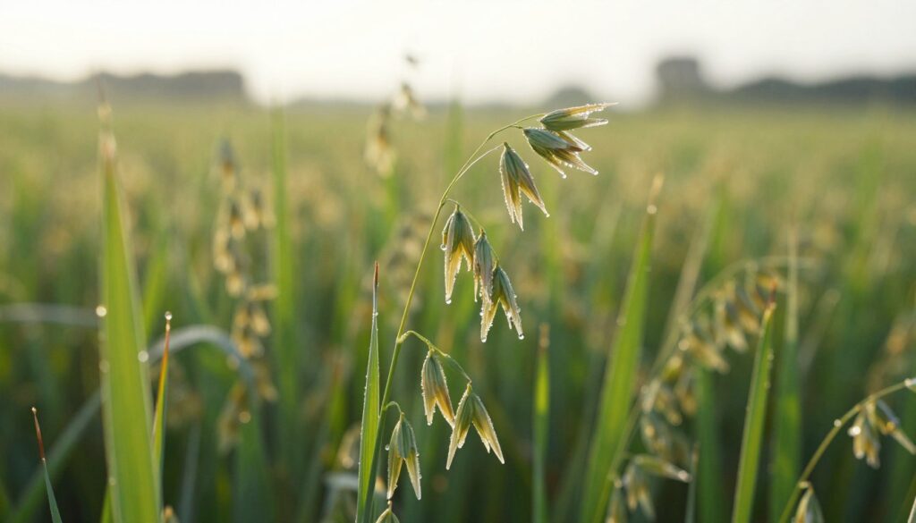 Close-up view of vibrant green oat grass, or "zielone źdźbła," with dew drops glistening in the soft morning light. The foreground showcases a cluster of healthy oat blades swaying gently in a light breeze, emphasizing their freshness and vitality. In the middle ground, a blurred field of more oats extends, creating depth while maintaining focus on the detailed textures of the blades. The background features a gently out-of-focus landscape with a hint of a soft sky, adding to the serene atmosphere. The lighting is warm and inviting, capturing the essence of early spring. The overall mood is peaceful and natural, suitable for discussing the edibility and culinary uses of oats.