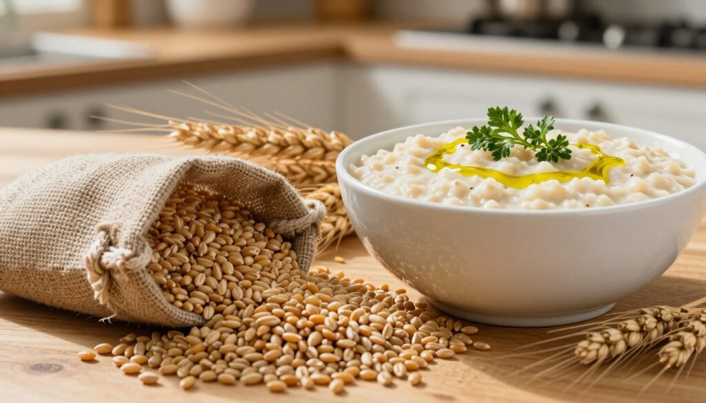 Gluten-containing grains displayed in a rustic setting, including wheat and barley in their natural form, alongside a bowl of creamy semolina porridge. The foreground features a close-up of the grains spilling from a burlap sack, highlighting their textures. In the middle ground, the semolina porridge is garnished with fresh herbs and a drizzle of olive oil, creating a warm and inviting ambiance. The background shows a wooden kitchen countertop with a soft, natural light streaming in, casting gentle shadows that enhance the organic feel. The atmosphere conveys a sense of wholesome nourishment, making it clear these grains can be mistaken for safe products. Focus on the vivid colors and textures to evoke a comforting and informative vibe.