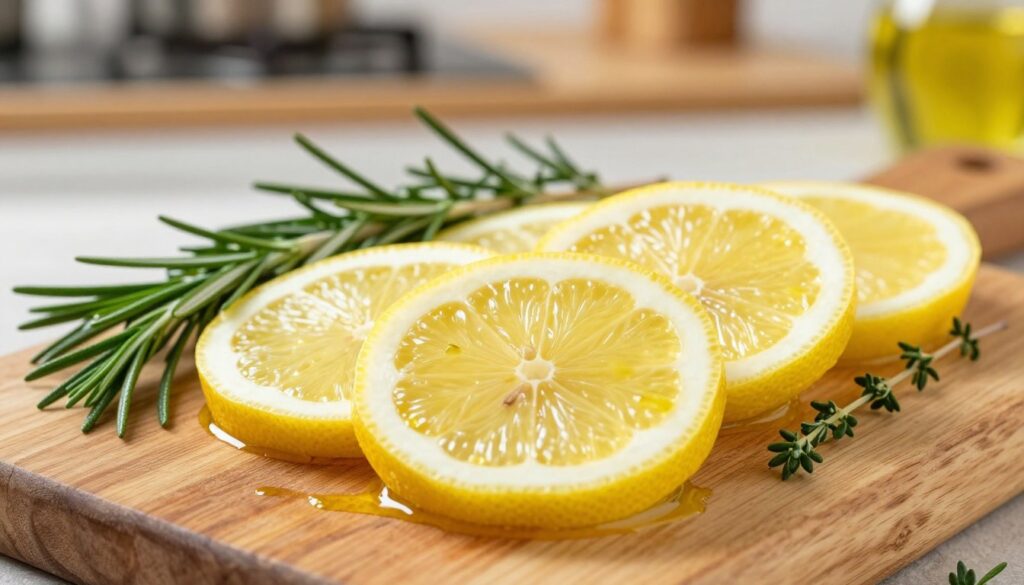 A beautiful and vibrant display of fresh lemon slices, showcasing their bright yellow color and zesty texture, arranged elegantly on a rustic wooden cutting board. Surrounding them are aromatic herbs like rosemary and thyme, their greenery contrasting beautifully against the lemon's vibrant hue. A subtle drizzle of olive oil glistens in the light, enhancing the freshness of the scene. The background features a blurred glimpse of a kitchen with warm, inviting lighting that evokes a cozy cooking atmosphere. Use a shallow depth of field to emphasize the foreground ingredients. Captured from a slightly elevated angle, create an overall mood of freshness and flavor, perfect for highlighting the essential ingredients of a marinade.