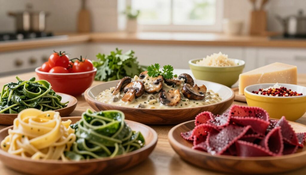 A beautiful arrangement of various flavored pasta types, showcasing their unique colors and textures. In the foreground, neatly twirled portions of creamy fettuccine, vibrant spinach tagliatelle, and beetroot-infused pappardelle are placed on rustic wooden plates. The middle ground features a rich, creamy mushroom sauce with glistening sautéed mushrooms, garnished with fresh parsley. Scattered around are colorful bowls filled with additional ingredients like cherry tomatoes, grated parmesan, and crushed red pepper flakes, inviting creativity in dish preparation. The background is softly blurred, revealing a cozy kitchen setting with warm, natural light streaming through a window, creating an inviting atmosphere. The overall mood is warm and appetizing, perfect for a comforting meal.
