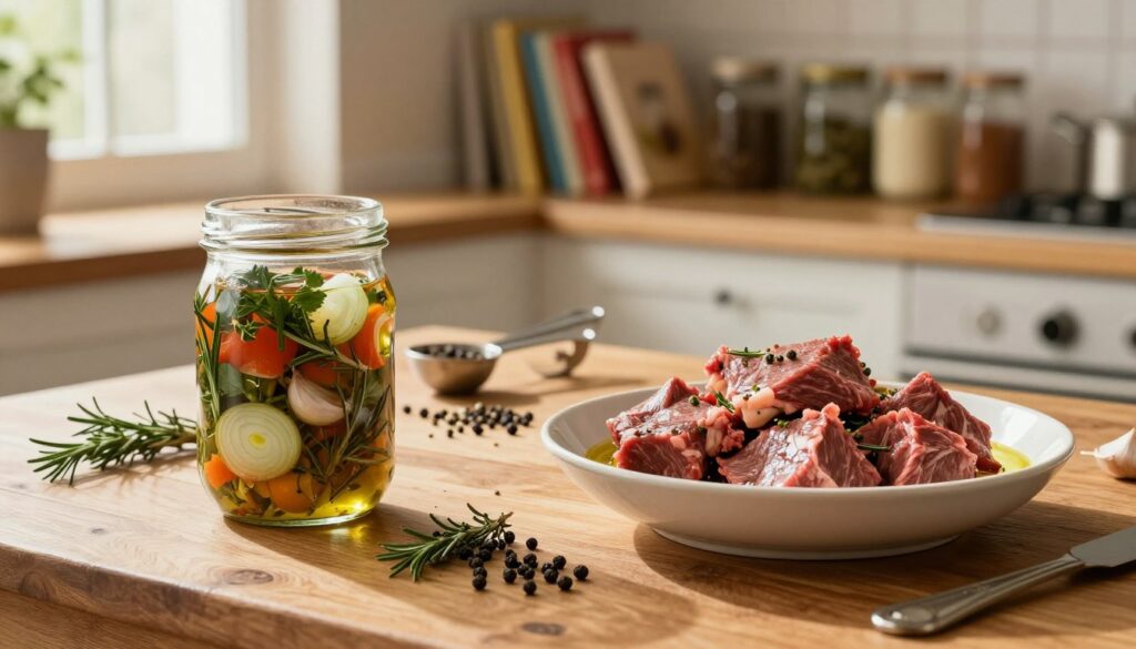 A beautiful, rustic wooden table set in a warm, inviting kitchen ambiance. In the foreground, a glass jar filled with a vibrant, colorful marinade featuring fresh herbs, garlic cloves, and slices of onion rests next to a bowl of beef cuts, glistening with olive oil. The middle layer showcases various spices like black pepper, rosemary, and thyme carefully arranged on the table, alongside measuring spoons that imply preparation. In the background, a shelf lined with cookbooks and mason jars enhances the homey feel. Soft, natural light filters through a nearby window, casting a gentle glow on the scene, creating an atmosphere of culinary exploration and warmth. The image should have a warm color palette, inviting viewers to imagine the delicious flavors of a well-prepared beef marinade.