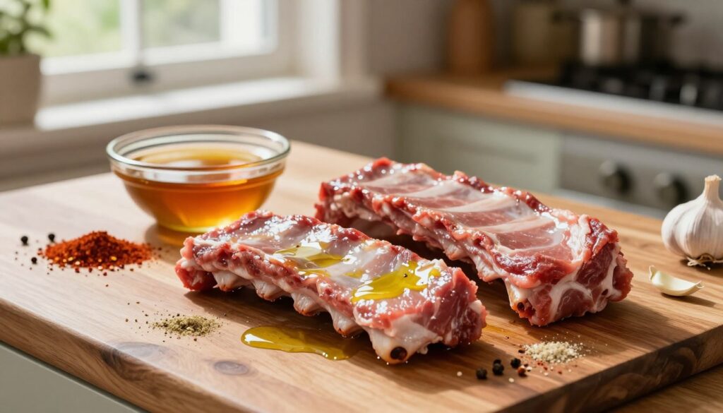A beautiful wooden kitchen countertop serves as the foreground, adorned with fresh, trimmed pork ribs ready for marination. The ribs are glistening with a light sheen of olive oil, surrounded by an array of spices like paprika, garlic powder, and chili flakes, creating a vibrant and inviting scene. In the middle ground, a small bowl holds a rich, amber marinade made from honey, soy sauce, and apple cider vinegar, hinting at a sweet and spicy flavor profile. In the background, soft, natural light filters through a nearby window, casting a warm glow over the scene, enhancing the inviting and cozy atmosphere of home cooking. The overall mood is rustic and flavorful, perfect for grilling enthusiasts preparing the perfect meal.