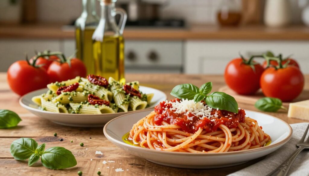 A beautifully arranged Italian pasta dish showcasing various techniques of combining sauces with different pasta types. In the foreground, a plate of spaghetti, coated in a vibrant, rich tomato sauce made with fresh basil and a drizzle of olive oil, garnished with grated Parmesan cheese. Beside it, a colorful medley of penne pasta with a creamy pesto sauce, speckled with sun-dried tomatoes. In the middle ground, a rustic wooden table laden with extra ingredients: ripe tomatoes, aromatic herbs, and olive oil bottles. The background features a softly blurred kitchen setting, with warm, inviting lighting that captures the essence of Italian culinary tradition. The atmosphere is cozy and inviting, evoking a sense of homely cooking.