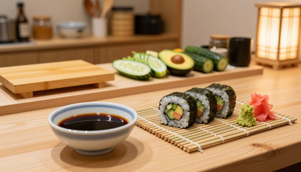 A beautifully arranged Japanese kitchen scene showcasing a variety of ingredients that pair well with soy sauce. In the foreground, a small wooden table holds a decorative bowl of soy sauce, its rich color reflecting glimmers of light. Next to it, there are sushi rolls artfully displayed, accompanied by fresh wasabi and pickled ginger, all set on a traditional bamboo mat. In the middle ground, the countertop is adorned with vibrant vegetables like sliced cucumbers and avocados, and a wooden sushi board rests nearby. The background features shelves stocked with jars and utensils, and a softly glowing lantern adds warm ambient lighting to create a tranquil atmosphere. The perspective is slightly elevated to capture the detailed textures and colors, inviting viewers to imagine the flavors of Japanese cuisine.