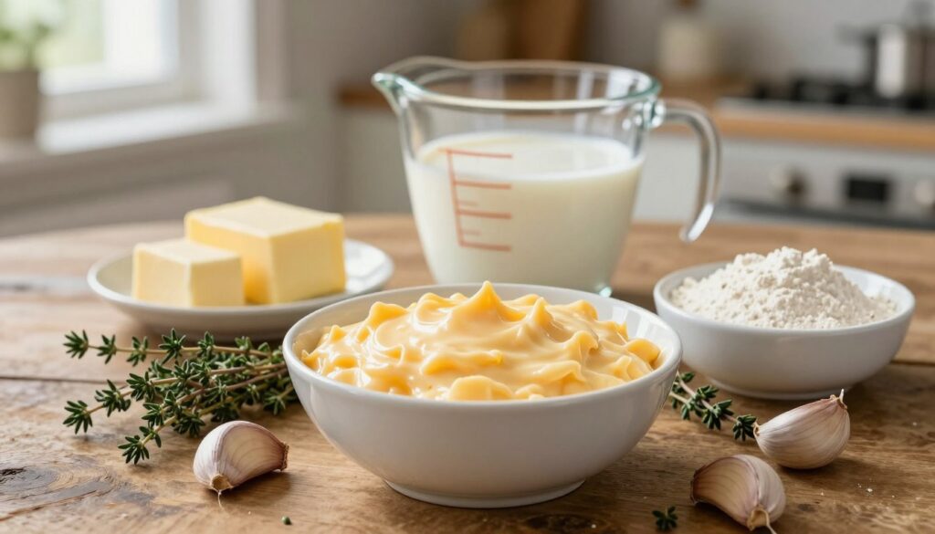 A beautifully arranged assortment of key ingredients for a creamy cheese sauce, displayed on a rustic wooden table. In the foreground, a bowl of richly textured melted cheese, its golden hue glistening in the light. Surrounding it, fresh garlic cloves, sprigs of fragrant thyme, and a small dish of flour, all contributing to the perfect consistency. In the middle ground, a glass measuring cup filled with milk and a few cubes of butter, softening in the warmth. The background features a subtle blurred kitchen setting, with soft natural light filtering through a window, creating a warm and inviting atmosphere. The image should evoke a sense of culinary creativity and comfort, ideal for showcasing the essential components of the dish.