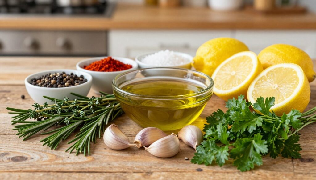 A beautifully arranged assortment of marinade ingredients displayed on a rustic wooden table, emphasizing freshness and color. In the foreground, focus on vibrant herbs such as rosemary, thyme, and parsley, along with plump garlic cloves and zesty halved lemons. In the middle, feature an elegant bowl filled with rich olive oil and balsamic vinegar, surrounded by bowls of spices like cracked black pepper, paprika, and sea salt. The background softly blurred, highlighting a cozy kitchen ambiance with warm, golden lighting that creates a welcoming atmosphere. Shoot from a slightly elevated angle to capture the entirety of the composition, showcasing the allure and vibrancy of the marinade ingredients, inspiring feelings of culinary creativity and craftsmanship.