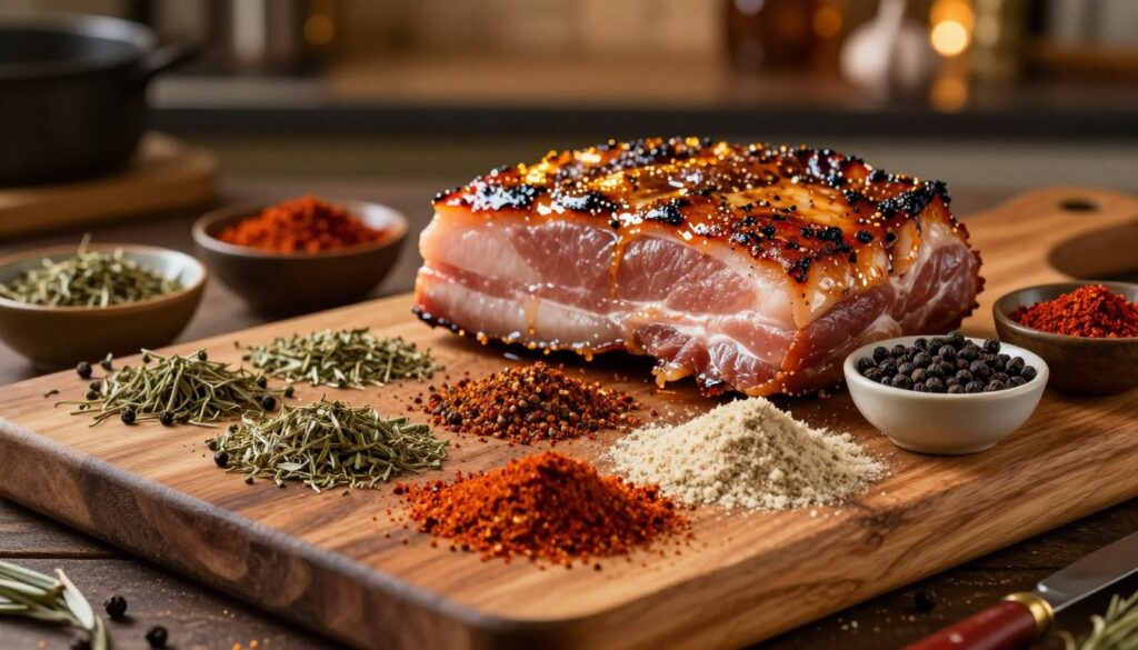 A beautifully arranged assortment of spices for a barbecue rub, showcasing a variety of herbs and spices like paprika, garlic powder, and black pepper. The foreground features a rustic, wooden cutting board sprinkled with colorful spices, with small bowls of freshly ground herbs around them. In the middle ground, a marinated pork belly sits enticingly ready for roasting, glistening with oil and spices, reflecting warm, golden lighting. The background includes a softly blurred kitchen setting, hints of traditional cooking utensils, and warm, ambient lighting creating a cozy culinary atmosphere. The overall mood is inviting and flavorful, evoking the deep aromas and rich textures of expertly prepared meats.