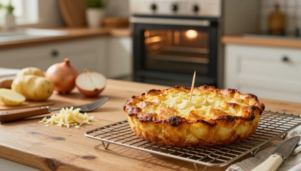 A beautifully arranged baking scene showcasing the techniques for checking the readiness of a potato baba, or potato cake, inside a cozy kitchen. In the foreground, a golden-brown potato baba rests on a wire cooling rack, its crust perfectly crisp and invitingly golden. Beside it, a toothpick is poised above, hinting at the readiness test. In the middle ground, a rustic wooden kitchen table adorned with cooking utensils and fresh ingredients like grated potatoes and onions adds depth to the scene. The background features a softly lit oven with its door slightly ajar, revealing a warm glow. The atmosphere is warm and inviting, with soft, natural lighting creating a homey feel. The angle is slightly elevated, focusing on the delicious baked good while capturing the essence of a well-loved kitchen. A beautifully arranged baking scene showcasing the techniques for checking the readiness of a potato baba, or potato cake, inside a cozy kitchen. In the foreground, a golden-brown potato baba rests on a wire cooling rack, its crust perfectly crisp and invitingly golden. Beside it, a toothpick is poised above, hinting at the readiness test. In the middle ground, a rustic wooden kitchen table adorned with cooking utensils and fresh ingredients like grated potatoes and onions adds depth to the scene. The background features a softly lit oven with its door slightly ajar, revealing a warm glow. The atmosphere is warm and inviting, with soft, natural lighting creating a homey feel. The angle is slightly elevated, focusing on the delicious baked good while capturing the essence of a well-loved kitchen.