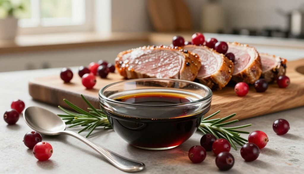 A beautifully arranged balsamic vinegar dressing showcased in a glass bowl, surrounded by fresh, vibrant cranberries and sprigs of rosemary. The foreground features a spoon elegantly resting beside the bowl, dripping with the glossy, rich dressing. In the middle, a wooden cutting board displays slices of duck breast garnished with cranberries, creating a contrast of colors; the deep reds from the cranberries and the golden-brown duck. The background features a softly lit kitchen setting with blurred utensils and an inviting atmosphere, illuminated by warm, natural light streaming through a window. The overall mood is sophisticated and cozy, perfect for an elegant dining experience. The composition emphasizes taste and indulgence, inviting viewers to explore the harmony of flavors.
