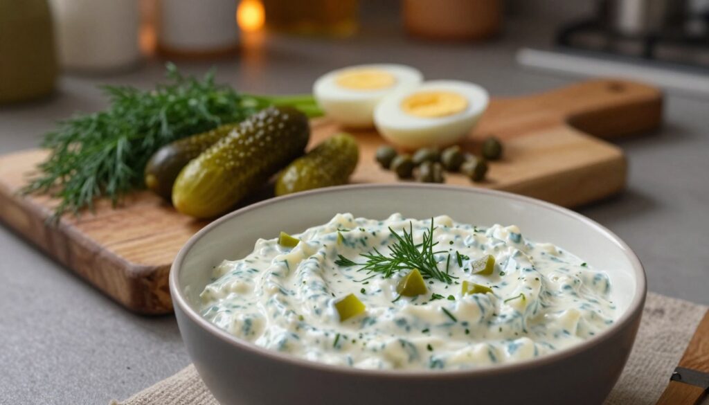 A beautifully arranged bowl of homemade sos tatarski, showcasing its creamy texture and specks of finely chopped pickles and herbs, is set prominently in the foreground. In the middle background, a rustic wooden cutting board displays essential ingredients: fresh dill, gherkins, hard-boiled eggs, and capers, all carefully chopped and waiting to be combined. The background features softly blurred elements of a cozy kitchen, with dim, warm lighting that enhances the inviting atmosphere. The scene is captured from a slightly overhead angle, creating a dynamic view that invites the viewer to imagine themselves preparing this delicious sauce. The overall mood is homey and warm, emphasizing the simplicity and charm of making this flavorful addition to fried fish.
