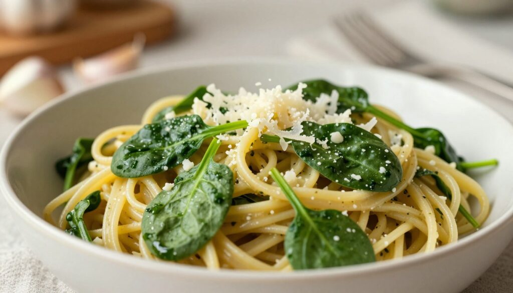 A beautifully arranged bowl of pasta intertwined with vibrant green spinach, showcasing a creamy garlic sauce clinging to each strand. In the foreground, the pasta glistens with a light sheen, accentuated by the contrasting textures of fresh spinach leaves. The middle ground features scattered garlic cloves and hints of grated cheese, inviting culinary intrigue. The background subtly fades into a warmly lit kitchen, with soft, natural lighting that evokes a cozy atmosphere. The composition is captured from a slightly elevated angle, focusing on the bowl while allowing the surrounding elements to enhance the scene. Overall, the mood is inviting and appetizing, perfect for illustrating a delightful pasta dish.