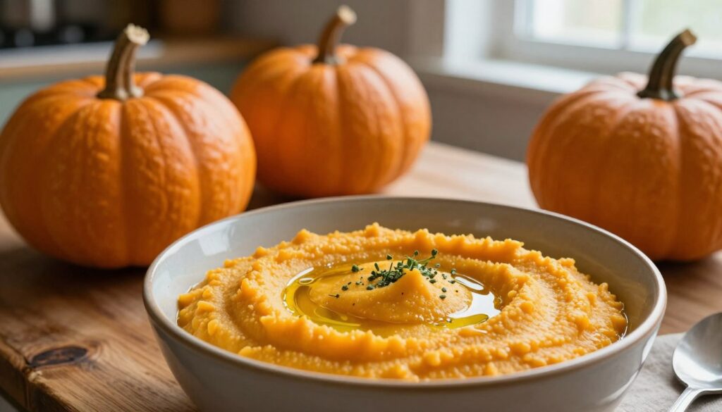 A beautifully arranged bowl of vibrant Hokkaido pumpkin puree, rich in color with a smooth, creamy texture. In the foreground, the puree is garnished with a drizzle of olive oil and a sprinkle of fresh herbs, creating an inviting contrast. Surrounding the bowl are a few whole Hokkaido pumpkins, showcasing their distinctive shape and smooth skin, adding depth to the scene. The middle ground features a rustic wooden table, accentuating a cozy autumn atmosphere. The background is softly blurred, hinting at a warm kitchen setting with dim lighting, evoking a sense of comfort and warmth. Natural light streams gently through a nearby window, enhancing the colors and details of the puree and the pumpkins.