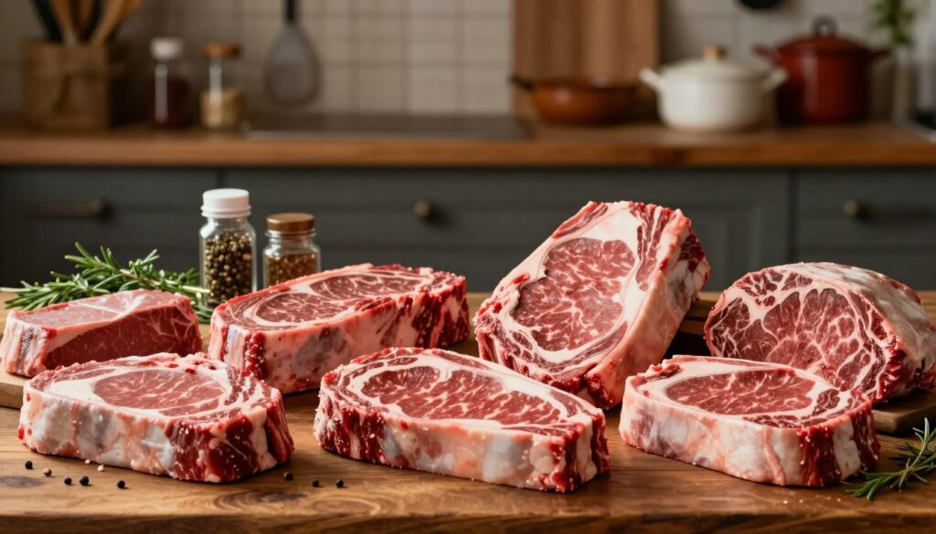 A beautifully arranged butcher's table featuring various cuts of beef, including ribeye, sirloin, and filet mignon, prominently displayed in the foreground. The cuts should showcase rich marbling and vibrant red color, emphasizing freshness. In the middle ground, there's an assortment of herbs and spices that might be used for marinating, creating an inviting atmosphere for cooking enthusiasts. The background should be softly blurred, hinting at a rustic kitchen ambiance with wooden shelves lined with kitchen tools and pots. Soft, warm lighting enhances the textures of the meat and the rustic elements of the kitchen, capturing a cozy and appetizing mood, evoking the essence of selecting the perfect beef for marinating.