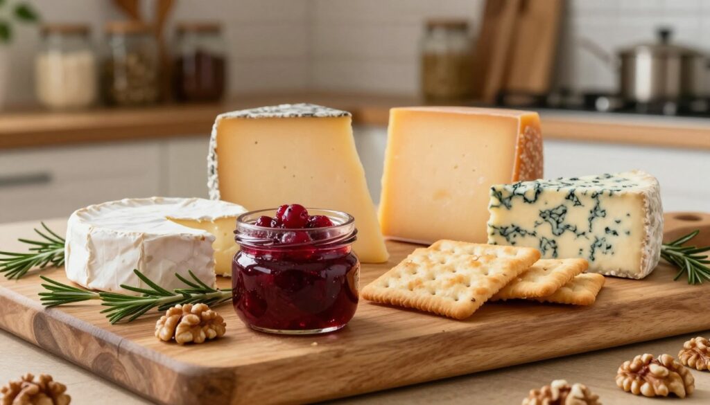 A beautifully arranged cheese board featuring various cheeses, such as Brie, aged cheddar, and blue cheese, elegantly placed on a rustic wooden serving board. In the foreground, a small glass jar filled with vibrant cranberry sauce stands out, its deep red color contrasting with the creamy and golden hues of the cheeses. Fresh rosemary sprigs and walnuts are scattered artfully around the board, adding a touch of greenery and texture. The middle ground showcases a few elegantly sliced artisan crackers positioned next to the cheeses, invitingly styled. The background is softly blurred, revealing a warm, cozy kitchen ambiance with natural wooden shelves filled with jars and kitchen tools. Soft, natural light filters in, creating a warm, inviting atmosphere that complements the gourmet setting.