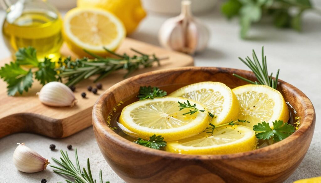 A beautifully arranged classic lemon-herb marinade, featuring vibrant yellow lemon slices, fresh green herbs like rosemary, thyme, and parsley, along with a drizzle of golden olive oil. The foreground showcases a rustic wooden bowl filled with the marinade, garnished with some sprigs of herbs and lemon zest. In the middle, a rustic cutting board displays various ingredients such as garlic cloves and peppercorns, highlighting natural textures. The background features a softly blurred outdoor kitchen setting with warm, golden sunlight filtering through, enhancing the inviting atmosphere. The overall mood is fresh and vibrant, evoking a sense of summertime grilling. Use natural lighting to create a warm and appetizing feel, captured from a slightly elevated angle to reveal depth.