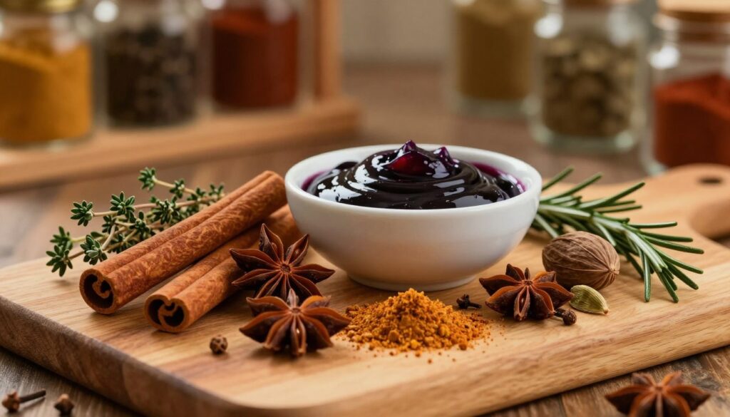 A beautifully arranged collection of aromatic spices and herbs symbolizing rich culinary traditions. In the foreground, a wooden cutting board showcases an array of whole and ground spices: cinnamon sticks, star anise, cloves, nutmeg, and cardamom pods, with delicate sprigs of fresh thyme and rosemary. The middle ground features a small, elegant bowl of dark plum sauce, glistening in the soft light. The background is softly blurred, suggesting a rustic kitchen environment with warm wooden shelves and scattered jars of spices. A warm, golden light bathes the scene, creating an inviting atmosphere that evokes the warmth of home cooking. The composition should capture the essence of depth and complexity in flavor, showcasing the spices as vital additions to culinary delights.