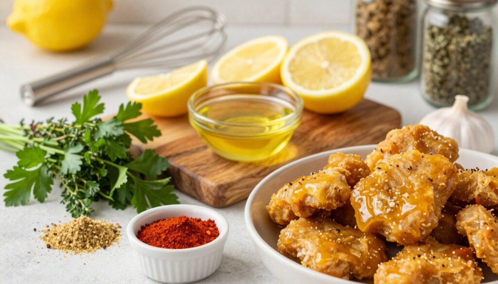 A beautifully arranged collection of essential ingredients for a homemade chicken nugget marinade. In the foreground, vibrant chicken pieces marinating in a bowl, glistening as they soak up flavors. Beside them, a variety of fresh herbs like parsley and thyme, alongside spices such as paprika and garlic powder, all neatly displayed. In the middle, a rustic wooden cutting board with sliced lemons and a small bowl of olive oil, creating an inviting and flavorful atmosphere. The background features soft-focus kitchen elements like a whisk and glass jars of seasonings, under warm, inviting kitchen lighting. The overall mood is cozy and homey, suggesting the joy of cooking and preparing delicious meals. The camera angle is slightly above, offering a clear, enticing view of the ingredients.