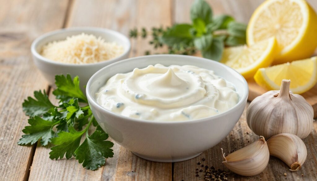 A beautifully arranged collection of ingredients for a creamy sauce, featuring a bowl of rich sour cream in the center, surrounded by fresh parsley, garlic cloves, and a sprinkle of black pepper. A small dish of grated Parmesan cheese should be visible to one side, with a sprig of oregano and a few slices of lemon for added zest. The background should softly blur into a rustic wooden kitchen table, with warm, natural lighting casting gentle shadows, enhancing the freshness of the ingredients. Use a close-up angle to capture the textures and colors, creating a cozy and inviting atmosphere, perfect for illustrating the essential components of a delicious creamy pasta sauce.