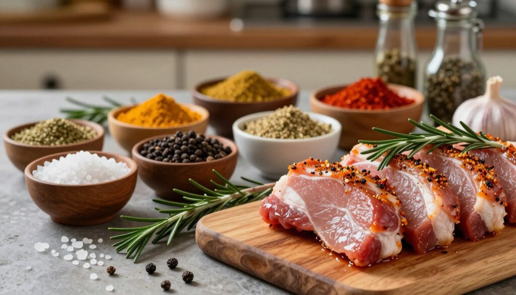 A beautifully arranged collection of spices and marinades, featuring coarse sea salt, black pepper, garlic powder, smoked paprika, and fresh herbs, all beautifully displayed. In the foreground, a wooden cutting board showcases marinated pork, glistening with flavor. In the middle ground, various bowls of colorful spices and ingredients are artistically scattered, with sprigs of rosemary and thyme draping elegantly around them. The background features a rustic kitchen setting with soft, warm lighting that creates a cozy atmosphere. The image captures a sense of culinary delight and appetizing anticipation, highlighting the essential components that tenderize and flavor meat. The composition emphasizes the textures and colors of the spices, inviting viewers to appreciate the art of marinating.