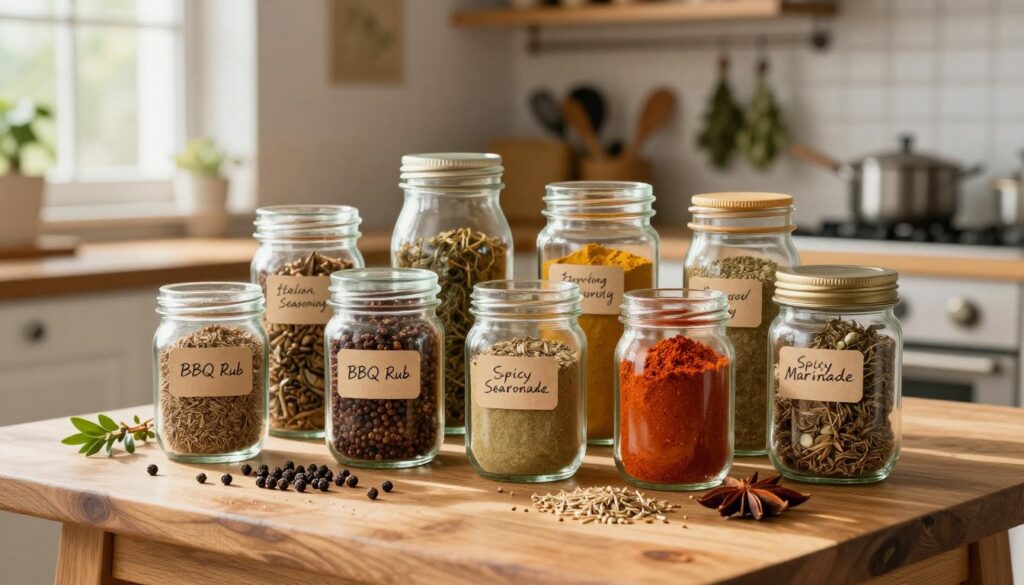 A beautifully arranged collection of various spice blends in transparent glass jars, showcasing vibrant colors and textures. The foreground features a small wooden table with a scattering of whole spices like peppercorns, cumin seeds, and dried herbs alongside the jars. The middle ground presents the jars labeled with elegant handwritten tags, displaying names like "BBQ Rub," "Italian Seasoning," and "Spicy Marinade." In the background, a softly blurred kitchen scene with wooden shelves filled with cooking utensils and some hanging herbs creates a cozy home-cooking atmosphere. Natural sunlight streams in through a window, casting warm, inviting shadows across the scene, enhancing the organic feel of the image.