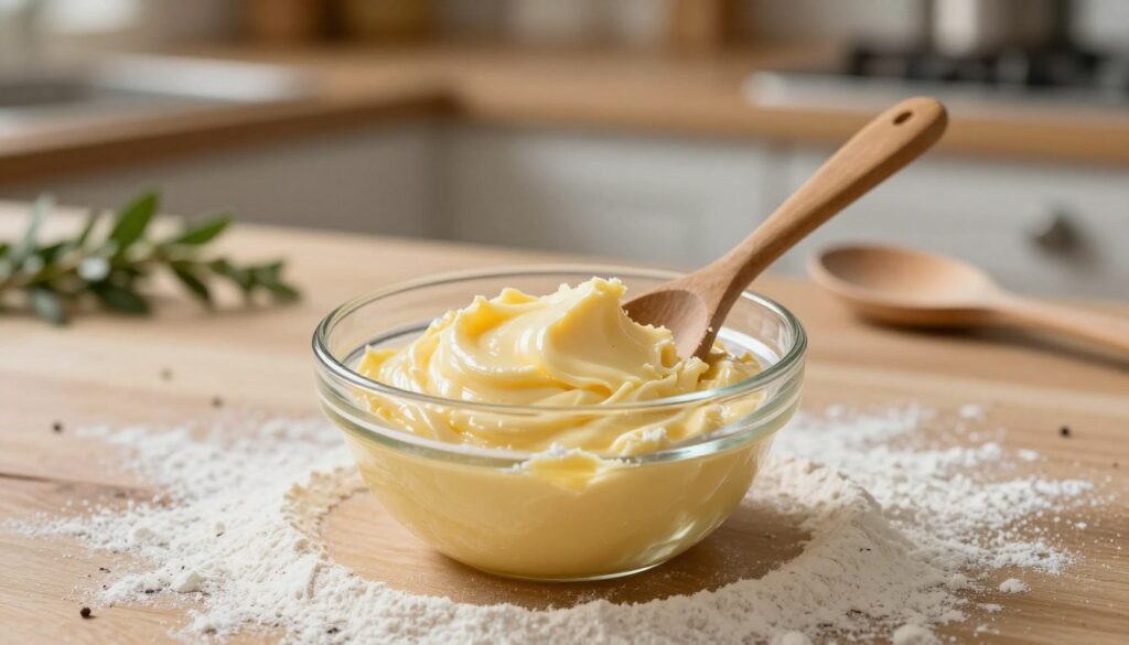 A beautifully arranged composition of "masło mąki," showcasing a rich, creamy butter blended with fine flour. In the foreground, a small glass bowl filled with the golden mixture glistens under soft, natural light. Delicate wisps of flour are artfully scattered around, hinting at the preparation process. In the middle, a rustic wooden spoon rests beside the bowl, ready to mix. Background elements include a softly blurred kitchen setting with a warm, inviting atmosphere, featuring wooden countertops and subtle hints of fresh ingredients like herbs and spices. The overall mood is cozy and homely, emphasizing traditional cooking techniques. The lighting casts gentle shadows, creating depth while maintaining clarity, ensuring the focus remains on the "masło mąki" as the star of the image.