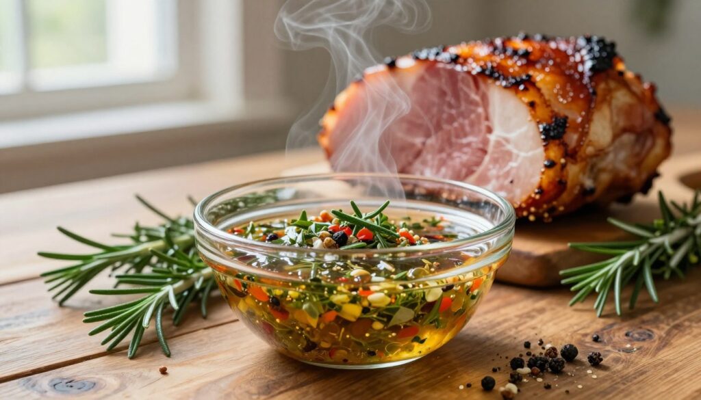 A beautifully arranged composition showcasing a rich, vibrant marinade for ham. In the foreground, a clear glass bowl filled with a glossy, aromatic blend of herbs, garlic, and spices sits on a rustic wooden table. The bright colors of the marinade pop against the warm tones of the wood. Surrounding the bowl are fresh herbs, like rosemary and thyme, enhancing the composition. In the background, soft-focus roasted ham glistens with caramelized edges, with steam rising warmly, hinting at a savory aroma. Soft, natural lighting flows in from a nearby window, creating a cozy, inviting atmosphere. The overall mood is one of culinary warmth and comfort, ideal for highlighting the depth of flavor in homemade marinades.