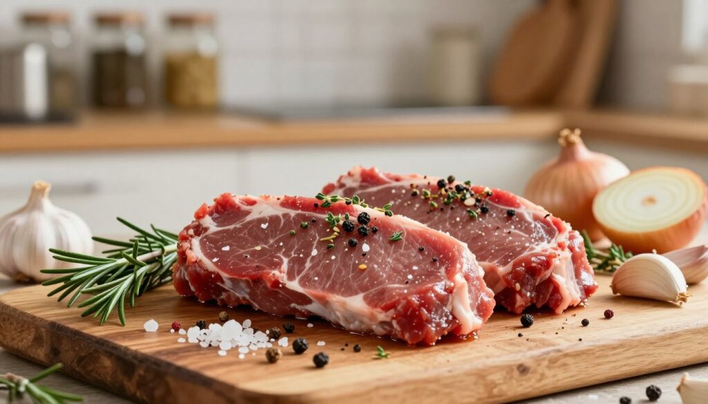 A beautifully arranged composition showcasing lean cuts of wild game meat, such as venison, marinated with an assortment of vibrant herbs and spices. In the foreground, the marinated meat glistens under soft, natural lighting, highlighting its rich, crimson color. Surrounding the meat, sprigs of rosemary and thyme, along with coarse sea salt and freshly cracked black pepper, create a vivid contrast. In the middle ground, a rustic wooden board serves as a base, with a few scattered ingredients like garlic cloves and sliced onions enhancing the earthy feel. The background features a blurred, warm kitchen environment with wooden shelves stocked with jars of spices and cooking utensils, evoking a cozy and inviting atmosphere. The overall mood is one of culinary excitement and the anticipation of savoring a flavorful dish.