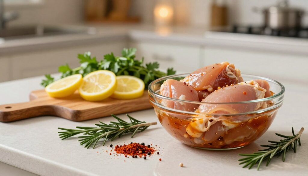 A beautifully arranged countertop showcasing the key principles of marinating chicken thighs for maximum flavor. The foreground features a variety of spices and herbs like rosemary, garlic, and paprika scattered artfully next to a clear glass bowl with marinated chicken thighs, glistening in a rich marinade. In the middle, a cutting board displays fresh lemon slices and sprigs of parsley, emphasizing freshness. In the background, a softly blurred kitchen setting with warm, inviting lighting creates a homey atmosphere. The composition captures the essence of culinary art, highlighting depth of flavor in a cozy, inviting environment. Use a shallow depth of field to focus on the marinated chicken while the background remains softly out of focus, allowing the vibrant colors and textures to stand out beautifully.