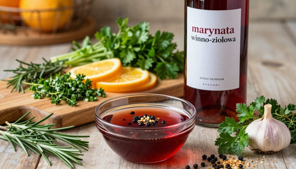 A beautifully arranged display of a "marynata winno-ziołowa" (wine and herb marinade) featuring vibrant fresh herbs like rosemary, thyme, and parsley, alongside a bottle of rich red wine. In the foreground, an elegant glass bowl filled with the marinade is accented by whole spices such as black peppercorns and crushed garlic. In the middle ground, a wooden cutting board displays freshly chopped herbs and citrus slices, evoking a fresh and inviting atmosphere. The background hints at a rustic kitchen setting, softly illuminated with warm, inviting lighting, creating a cozy feel. The image should be captured from a slightly elevated angle, enhancing the depth and detail of the ingredients, with a focus on their natural textures and colors.