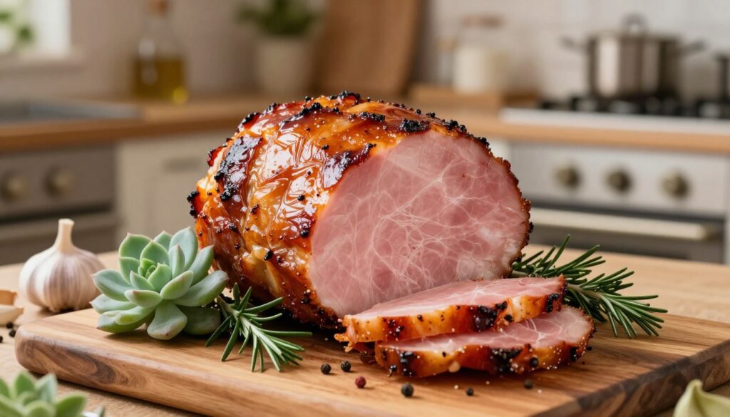 A beautifully arranged display of a succulent, perfectly roasted pork ham (szynka wieprzowa) takes center stage in the foreground. The ham glistens with a savory glaze, showcasing its crispy, caramelized outer layer and tender pink slices visible at the cut. Surrounding the ham are fresh herbs like rosemary and thyme, adding a touch of green. In the middle ground, a rustic wooden cutting board is adorned with garlic and peppercorns, enhancing the culinary atmosphere. The background features a softly lit kitchen setting, with warm, inviting lighting that creates a cozy atmosphere. The scene is captured with a shallow depth of field, focusing on the ham while gently blurring the kitchen elements, evoking a sense of warmth and home-cooked comfort.