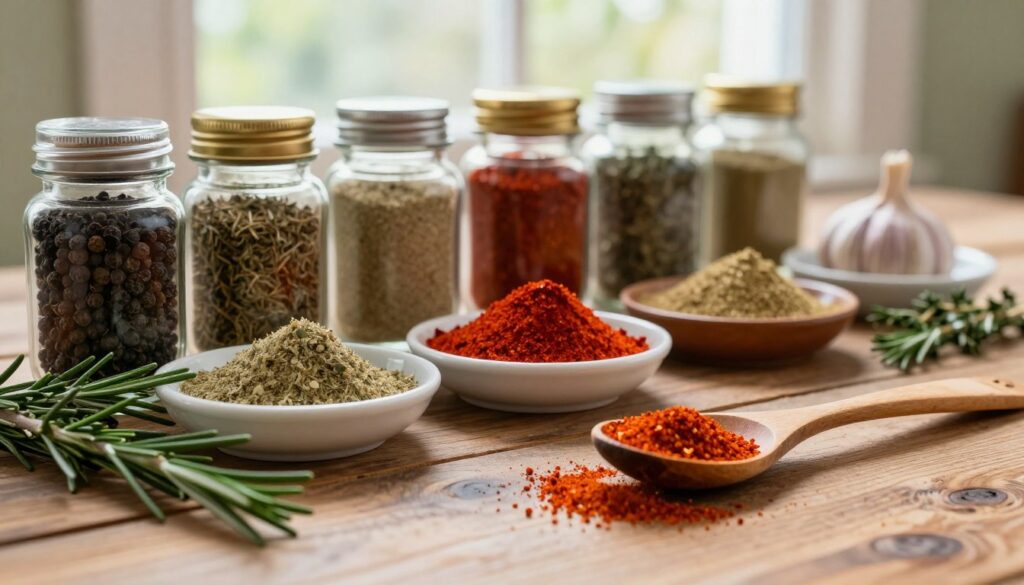 A beautifully arranged display of duck seasoning on a rustic wooden table, featuring jars of vibrant spices such as black pepper, paprika, garlic powder, and fresh herbs like rosemary and thyme. The foreground includes a close-up of a wooden spoon with a sprinkle of seasoning, emphasizing texture and color. In the middle, the spices are artfully arranged in small dishware, showcasing their rich hues against the warm wood. In the background, soft natural light filters through a nearby window, casting a gentle glow that enhances the organic feel of the scene. The atmosphere is warm and inviting, exuding a sense of culinary creativity and tradition, perfect for highlighting the importance of selecting the right herbs and spices for roasted duck.