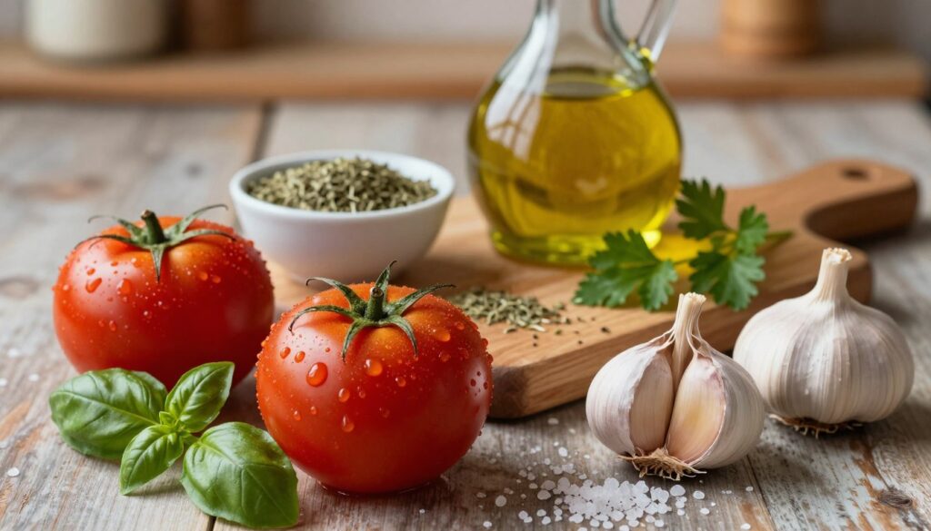 A beautifully arranged display of essential ingredients for a classic Italian tomato sauce. In the foreground, vibrant, ripe tomatoes glisten with droplets of water, along with fresh basil leaves, a bulb of garlic, and a sprinkle of coarse sea salt. In the middle ground, a wooden cutting board holds a bottle of extra virgin olive oil, alongside a small bowl of dried oregano and a few sprigs of parsley. The background features a rustic kitchen setting with soft, warm lighting that bathes the ingredients in a cozy glow, highlighting their rich colors. The image conveys a welcoming, homely atmosphere, inviting the viewer to savor the essence of traditional Italian cooking. The composition should have a shallow depth of field to emphasize the ingredients.