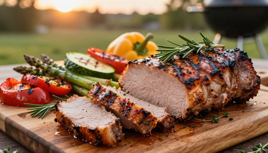 A beautifully arranged display of grilled pork loin marinated to perfection, showcasing juicy, tender slices garnished with fresh herbs like rosemary and thyme. In the foreground, the marinated slices are presented on a rustic wooden cutting board, glistening under warm, natural light. The middle ground features a vibrant array of grilled vegetables, such as bell peppers, zucchini, and asparagus, adding color and complementing the dish. In the background, a softly blurred outdoor setting suggests a cozy backyard barbecue atmosphere, with green grass and hints of a summer sunset. The overall mood is inviting and appetizing, conveying the essence of a delicious grilled meal that promises juiciness and flavor, captured from a slightly elevated angle to enhance depth. A beautifully arranged display of grilled pork loin marinated to perfection, showcasing juicy, tender slices garnished with fresh herbs like rosemary and thyme. In the foreground, the marinated slices are presented on a rustic wooden cutting board, glistening under warm, natural light. The middle ground features a vibrant array of grilled vegetables, such as bell peppers, zucchini, and asparagus, adding color and complementing the dish. In the background, a softly blurred outdoor setting suggests a cozy backyard barbecue atmosphere, with green grass and hints of a summer sunset. The overall mood is inviting and appetizing, conveying the essence of a delicious grilled meal that promises juiciness and flavor, captured from a slightly elevated angle to enhance depth.