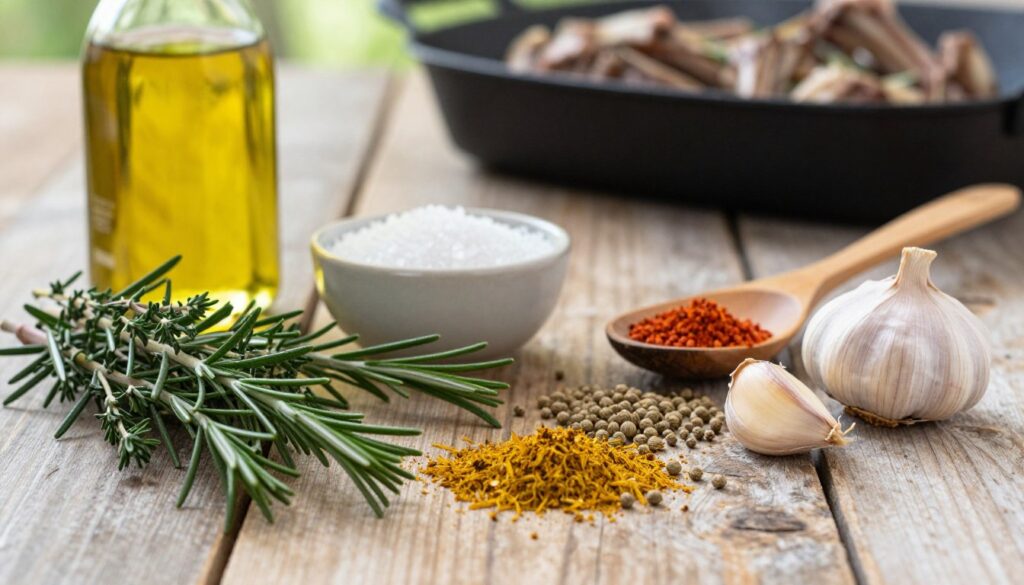 A beautifully arranged display of ingredients for a lamb marinade on a rustic wooden table. In the foreground, focus on fresh herbs like rosemary and thyme, alongside vibrant spices such as cumin and coriander, with garlic cloves and a bottle of olive oil. The middle ground includes a small bowl of sea salt and a wooden spoon. The background features a faint, blurred image of a grill, hinting at the cooking process, with soft natural light filtering in, creating a warm and inviting atmosphere. Emphasize textures and colors, capturing the essence of culinary preparation. The composition should evoke a sense of home cooking and flavorfulness, ideal for enhancing the taste of lamb without bitterness.