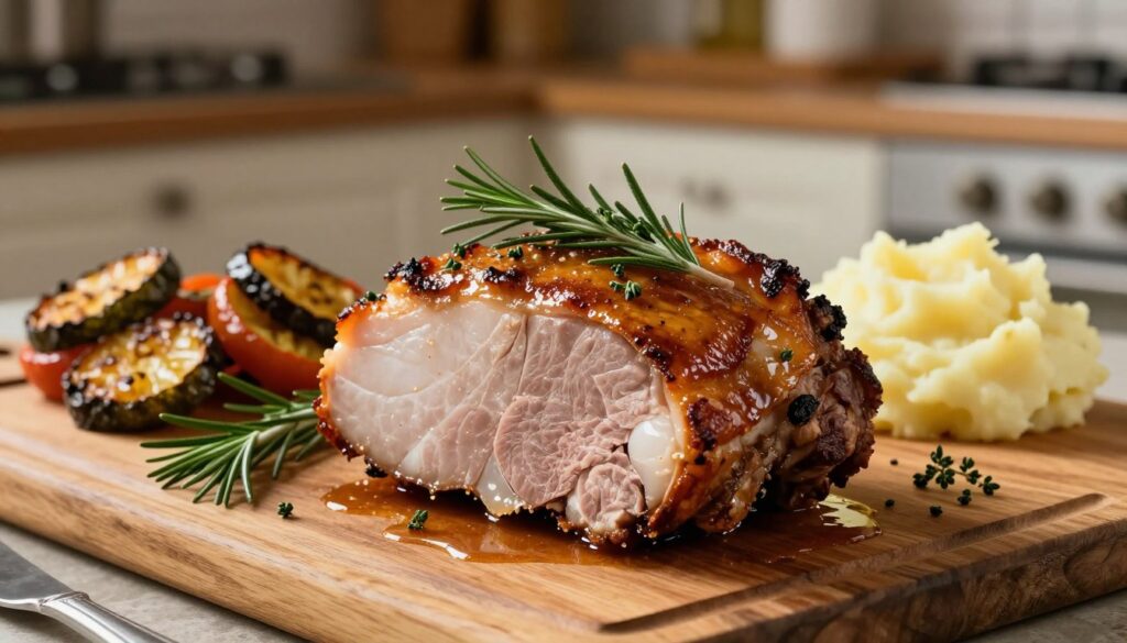 A beautifully arranged display of "karkówka" (pork neck) roast, glistening with a golden-brown crust and garnished with fresh herbs like rosemary and thyme. In the foreground, the piece of meat sits on a rustic wooden cutting board, with juices pooling around it, showcasing its tenderness. In the middle ground, there are traditional accompaniments such as roasted vegetables and a side of creamy mashed potatoes, adding color and texture. The background features a warm kitchen setting with soft, diffused lighting that highlights the inviting atmosphere. A shallow depth of field creates a focus on the ingredients while giving a cozy, homely feel. The mood is warm and appetizing, ideal for illustrating culinary techniques. A beautifully arranged display of "karkówka" (pork neck) roast, glistening with a golden-brown crust and garnished with fresh herbs like rosemary and thyme. In the foreground, the piece of meat sits on a rustic wooden cutting board, with juices pooling around it, showcasing its tenderness. In the middle ground, there are traditional accompaniments such as roasted vegetables and a side of creamy mashed potatoes, adding color and texture. The background features a warm kitchen setting with soft, diffused lighting that highlights the inviting atmosphere. A shallow depth of field creates a focus on the ingredients while giving a cozy, homely feel. The mood is warm and appetizing, ideal for illustrating culinary techniques.