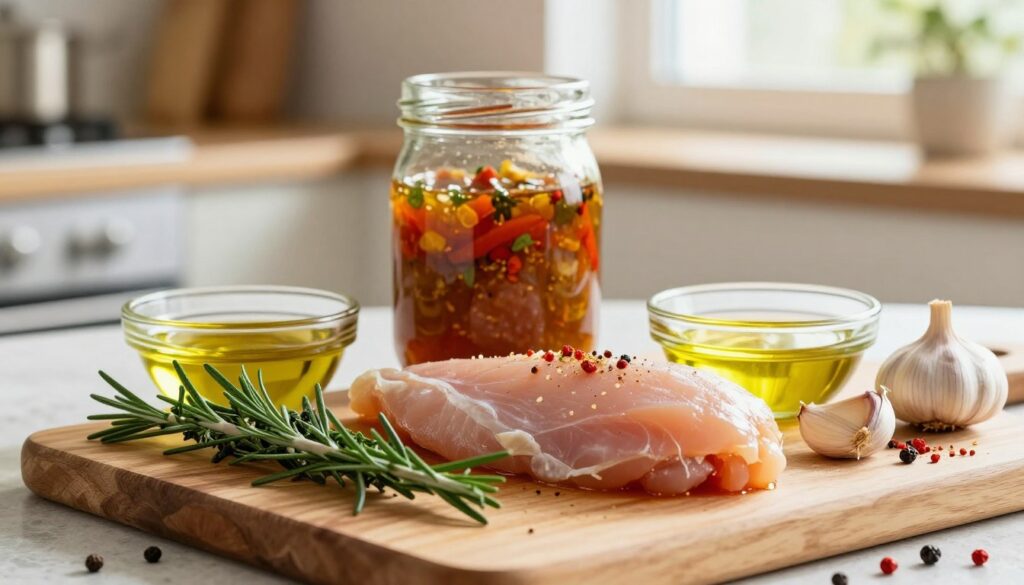 A beautifully arranged display of marinade ingredients for chicken fillet preparation. In the foreground, focus on a wooden cutting board topped with fresh herbs like rosemary and thyme, along with crushed garlic cloves and a small bowl of olive oil. Brightly colored spices such as paprika and black pepper are scattered around for contrast. In the middle, include a clean glass jar filled with a vibrant marinade mixture, showcasing its rich color and texture. The background subtly features a soft-focus kitchen environment, with warm, natural lighting streaming in from a window, creating a cozy and inviting atmosphere. This setup conveys the essence of fresh cooking, highlighting the essential ingredients for a flavorful chicken marinade.