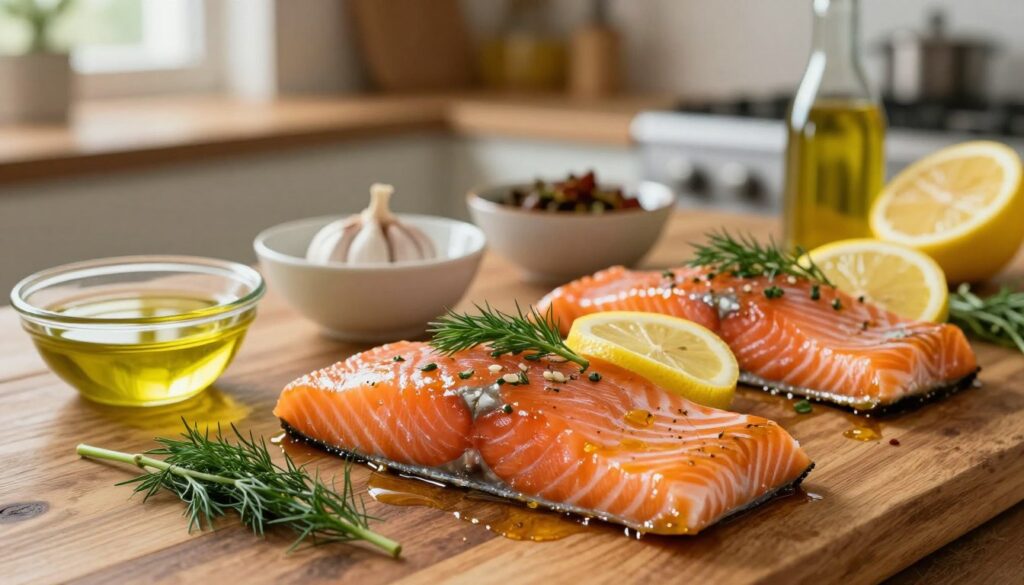 A beautifully arranged display of marinated salmon fillets on a rustic wooden table, showcasing vibrant colors and textures. In the foreground, focus on a close-up of perfectly marinated salmon, glistening with a golden-brown glaze, garnished with fresh herbs and lemon slices. In the middle, several small bowls contain various marinades, including olive oil, garlic, and dill, each artistically placed around the salmon. The background features a softly blurred kitchen setting with warm, natural lighting filtering through a window, creating a cozy atmosphere. The scene conveys a sense of warmth and culinary passion, inviting viewers to explore the art of marinating fish.