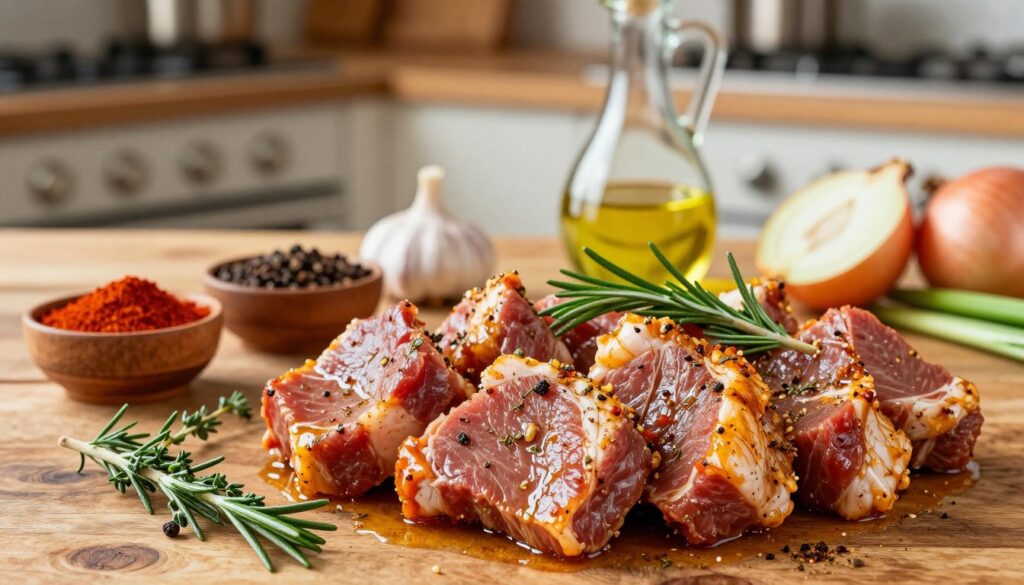 A beautifully arranged display of pork marinated in a rich, flavorful marinade. In the foreground, tender pork cuts glistening with spices and herbs, showcasing a vibrant mix of colors—deep red, golden brown, and fresh green from rosemary and thyme. In the middle, a rustic wooden table topped with small bowls of spices like paprika, black pepper, garlic, and olive oil, along with fresh ingredients such as chopped garlic and onion, enhancing the overall texture. In the background, a softly lit kitchen setting with blurred warm tones, evoking a cozy, inviting atmosphere that suggests warmth and culinary adventure. The composition, illuminated with soft, natural light, captures the essence of cooking with passion and care, emphasizing the importance of a good marinade for flavorful pork.