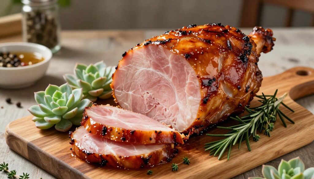 A beautifully arranged display of succulent, roasted ham on a wooden cutting board. The ham glistens with a caramelized glaze, showcasing its tender texture and rich, savory colors. Surrounding the ham are fresh herbs like rosemary and thyme, enhancing the appetizing presentation. In the background, a rustic kitchen setting with warm, inviting lighting casts gentle shadows, creating a cozy atmosphere. A soft-focus view of spices and a bowl of marinade can be seen, adding depth to the composition. The angle captures the ham from a slight overhead perspective, emphasizing its delicious details and making it the focal point of the image.