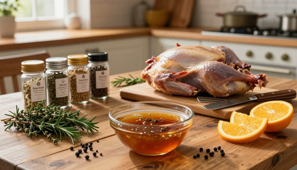 A beautifully arranged display of the best goose marinade ingredients, showcasing fresh herbs like rosemary and thyme, bright orange slices, and whole black peppercorns scattered on a rustic wooden table. In the foreground, a glass bowl filled with the rich, aromatic marinade, glistening under overhead soft, warm lighting. In the middle, neatly arranged spice jars with labels, and a cutting board with a whole goose ready for marinating, surrounded by various utensils. The background features a cozy kitchen atmosphere with wooden cabinets and subtle cooking paraphernalia, all bathed in natural light pouring in from a nearby window. The mood is warm and inviting, perfect for inspiring culinary creativity.