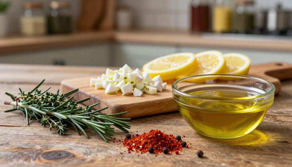 A beautifully arranged display of turkey marinade ingredients on a rustic wooden table. In the foreground, fresh herbs like rosemary and thyme are artfully scattered alongside vibrant spices such as paprika and black pepper. A glass bowl filled with olive oil glistens under soft, warm lighting, reflecting the rich colors of the herbs and spices. In the middle, a cutting board showcases finely chopped garlic and lemon slices, their juices glistening. The background features a cozy kitchen setting with blurred jars of additional spices and condiments on open shelves, enhancing the inviting atmosphere. The image captures an essence of warmth and culinary creativity, making the viewer feel inspired to prepare a flavorful turkey marinade.