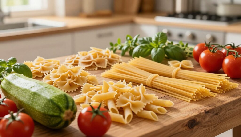 A beautifully arranged display of various types of pasta, featuring a selection that includes spaghetti, farfalle, and penne, elegantly spread across a rustic wooden table. In the foreground, a vibrant green zucchini and ripe red tomatoes are artistically placed, hinting at the fresh ingredients for a seasonal sauce. The middle ground showcases a soft-focus arrangement of herbs like basil and oregano, enhancing the culinary theme. In the background, a sunlit kitchen scene with warm, inviting lighting creates a cozy atmosphere. The lens captures a slightly angled top-down view, emphasizing the textures of the pasta and vegetables, inviting the viewer into the warm, appetizing world of Italian cooking.