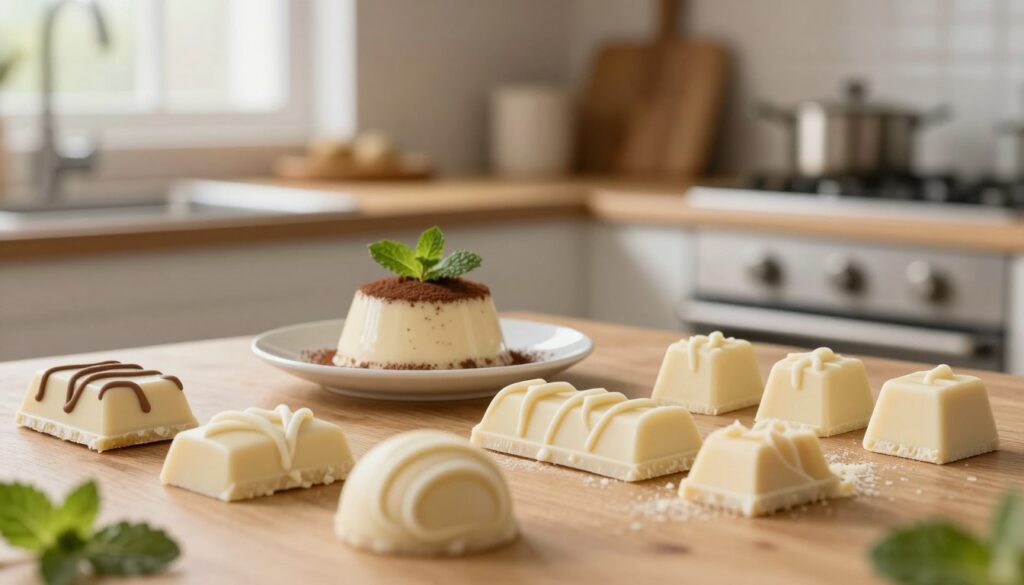 A beautifully arranged display of white chocolate in various forms, including bars, shavings, and drizzles, prominently positioned in the foreground. In the middle ground, a small plate features white chocolate mousse topped with a sprinkle of cocoa powder and fresh mint leaves, adding a touch of color. The background is softly blurred, showcasing a cozy kitchen with warm wooden tones, light coming through a window casting a gentle glow over the scene. The lighting is soft and inviting, creating a warm atmosphere that suggests comfort and indulgence. The scene conveys a sense of culinary creativity and pleasure, perfect for illustrating the diversity of flavors in your kitchen.
