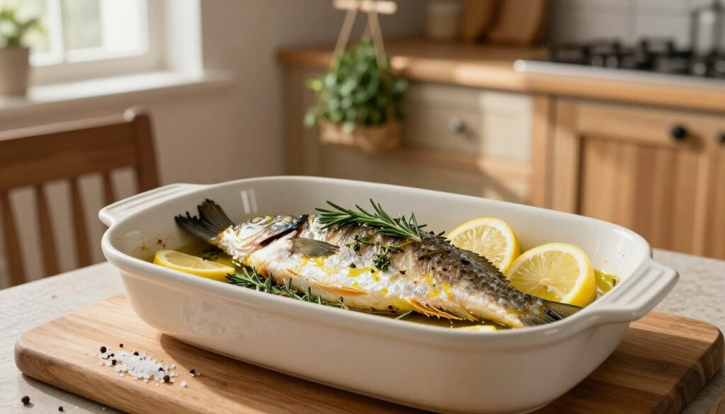 A beautifully arranged fish ready for baking, placed on a large ceramic baking dish. The fish, glistening with olive oil and garnished with fresh herbs like rosemary and thyme, has slices of lemon and garlic nestled beside it. In the foreground, a wooden cutting board displays a sprinkle of coarse sea salt and pepper, suggesting seasoning has just been added. In the middle background, a softly lit kitchen with rustic wooden cabinetry and a hanging herb rack creates a warm, inviting atmosphere. Natural light streams through a nearby window, casting gentle shadows and highlighting the textures of the fish and the dish. The overall mood conveys a sense of preparation and care, appealing to home cooks eager to create a delicious, moist baked fish.