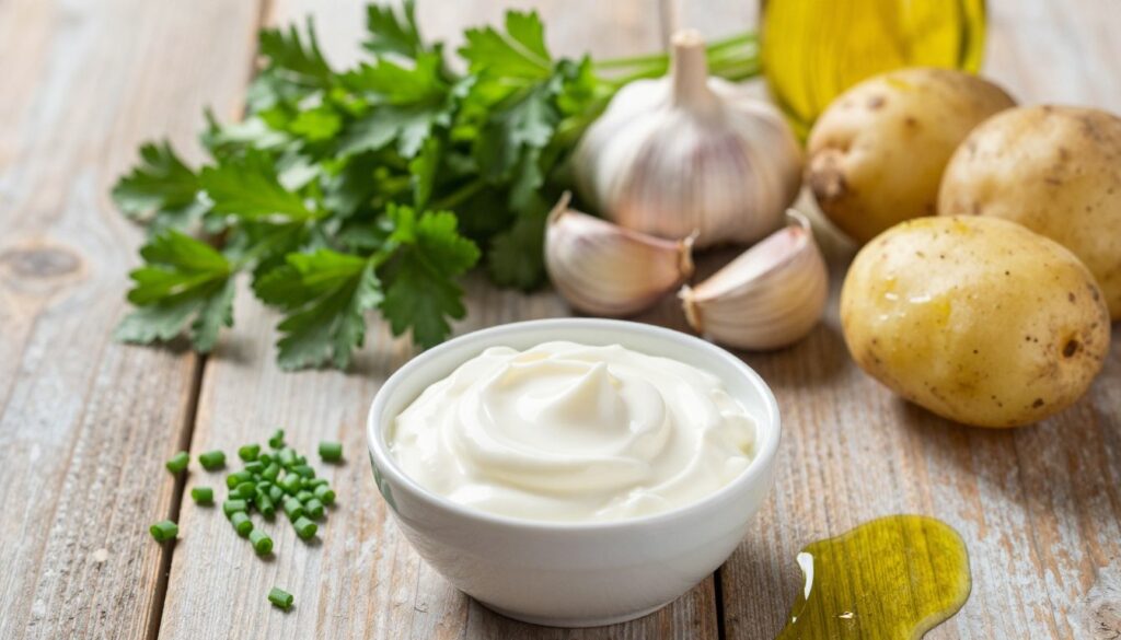 A beautifully arranged flat lay of essential ingredients for a simple potato sauce, focusing on a fresh, vibrant aesthetic. In the foreground, prominent elements include a small bowl of creamy sour cream, a sprinkle of chopped chives, and a drizzle of golden olive oil. In the middle ground, a handful of garlic cloves and a few sprigs of parsley create a fresh, aromatic feel. The background features rustic wooden textures and a soft, warm light that casts gentle shadows, enriching the colors of the ingredients. The atmosphere is inviting and homey, perfect for a culinary article. Use a soft focus lens to enhance depth, creating a sense of warmth and simplicity in the kitchen setting.