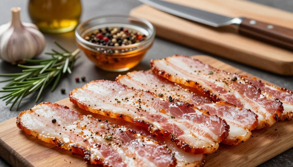 A beautifully arranged flat lay of marinated bacon slabs, showcasing their glossy, seasoned surface glistening under soft, ambient light. In the foreground, focus on a few pieces of bacon, emphasizing the texture of the marinade, visually rich with herbs and spices. In the middle ground, display a small bowl of marinade ingredients like garlic, rosemary, and peppercorns, adding color and detail. The background features a wooden cutting board and grilling utensils, evoking a sense of preparation for a backyard barbecue. Use a shallow depth of field to blur the background slightly, enhancing the focus on the bacon. The overall mood is inviting and appetizing, perfect for a summer grilling atmosphere.