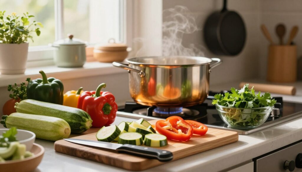 A beautifully arranged kitchen counter featuring a variety of colorful vegetables, including zucchini and bell peppers, prepared for an elegant cooking session. In the foreground, a cutting board holds diced zucchini and sliced peppers. A sharp knife rests nearby, and a bowl filled with fresh herbs adds vibrancy. In the middle ground, a large, bright pot simmers on the stove, reflecting warm, soft lighting that creates a cozy atmosphere. The background shows a window with natural light streaming in, illuminating pots and pans hanging on the wall. The scene conveys a sense of warmth and activity, emphasizing the process of preparing vegetables step by step for a delicious sauce. A beautifully arranged kitchen counter featuring a variety of colorful vegetables, including zucchini and bell peppers, prepared for an elegant cooking session. In the foreground, a cutting board holds diced zucchini and sliced peppers. A sharp knife rests nearby, and a bowl filled with fresh herbs adds vibrancy. In the middle ground, a large, bright pot simmers on the stove, reflecting warm, soft lighting that creates a cozy atmosphere. The background shows a window with natural light streaming in, illuminating pots and pans hanging on the wall. The scene conveys a sense of warmth and activity, emphasizing the process of preparing vegetables step by step for a delicious sauce.
